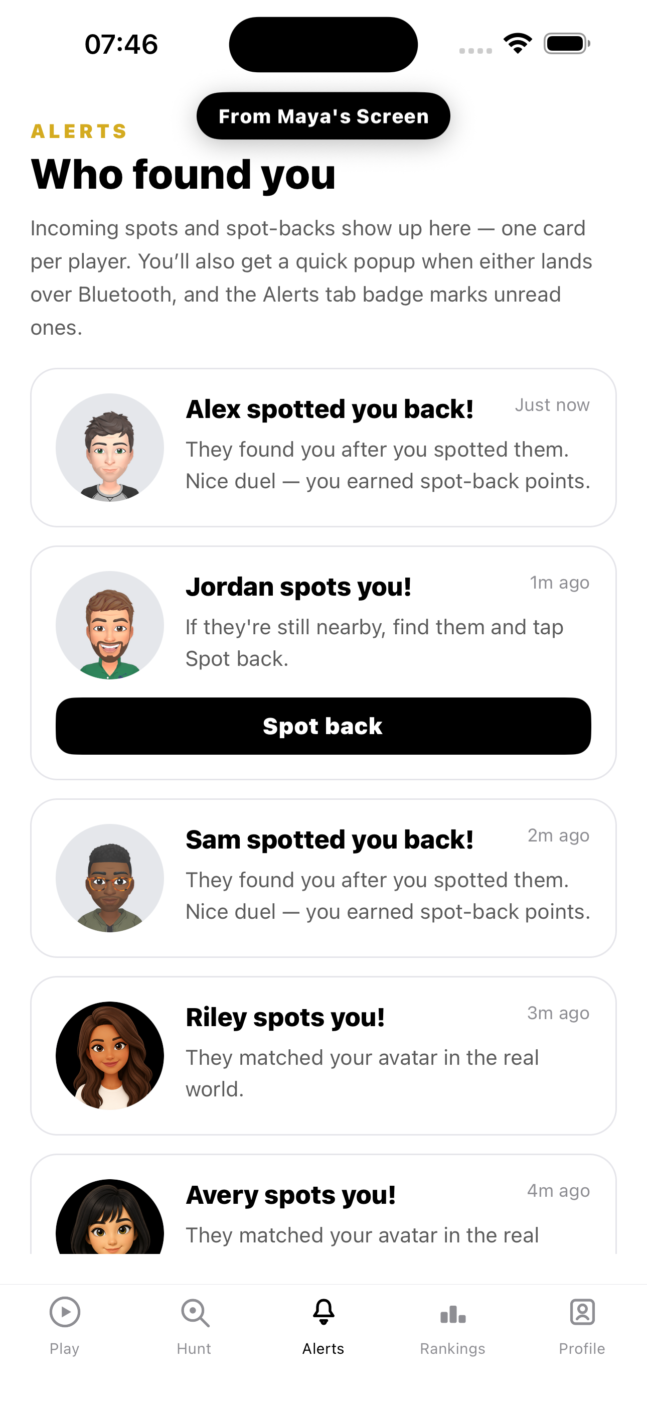 Spotted You! screenshot: Maya earning spot-back points