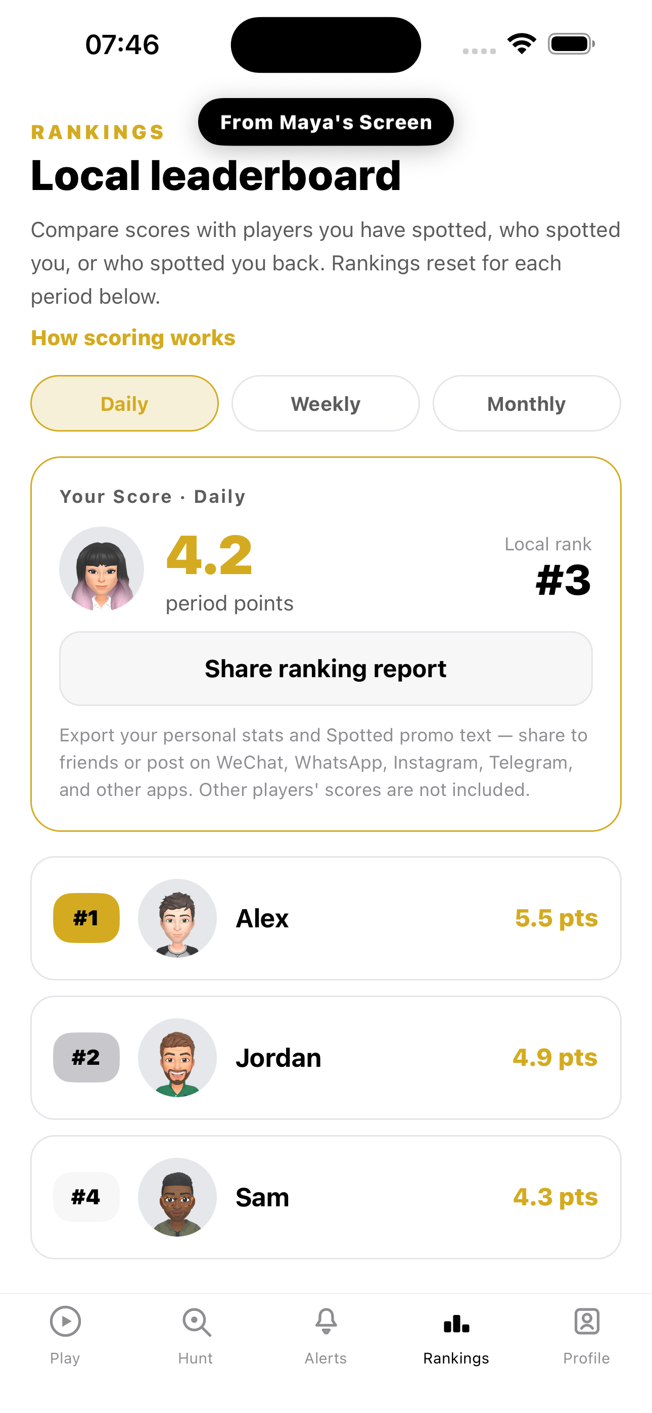 Spotted You! screenshot: Maya local rankings