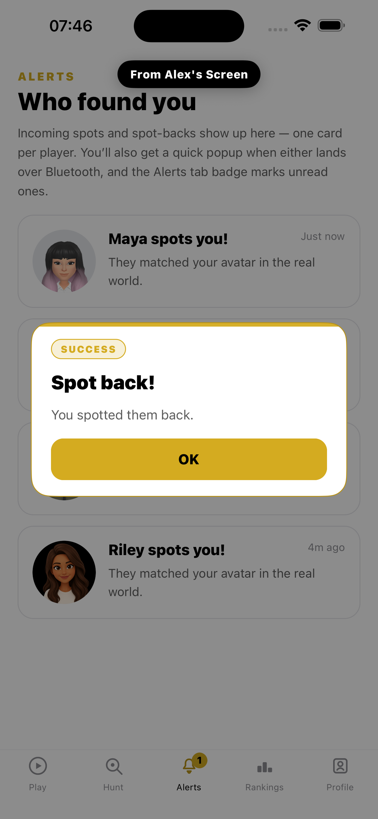 Spotted You! screenshot: Maya seeing Alex's spot-back